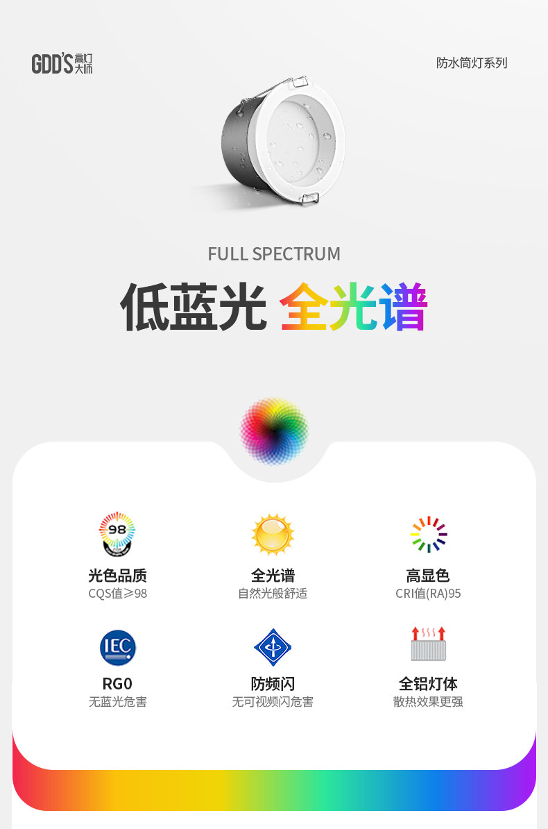 防水筒灯卫生间智能嵌入式75mm天花干湿区防眩防雾厨房防潮全光谱