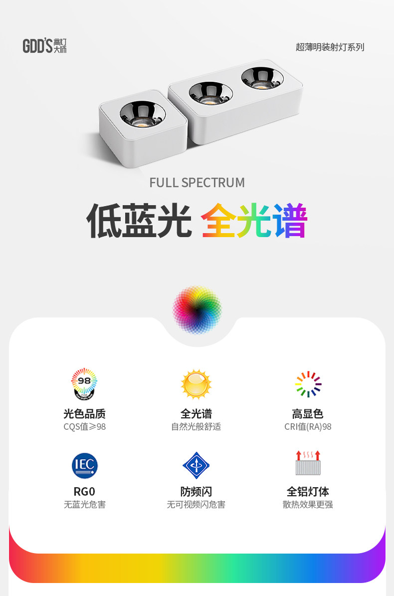 超薄明装射灯无主灯客厅照明吸顶防眩四头方形护眼斗胆灯家用智能