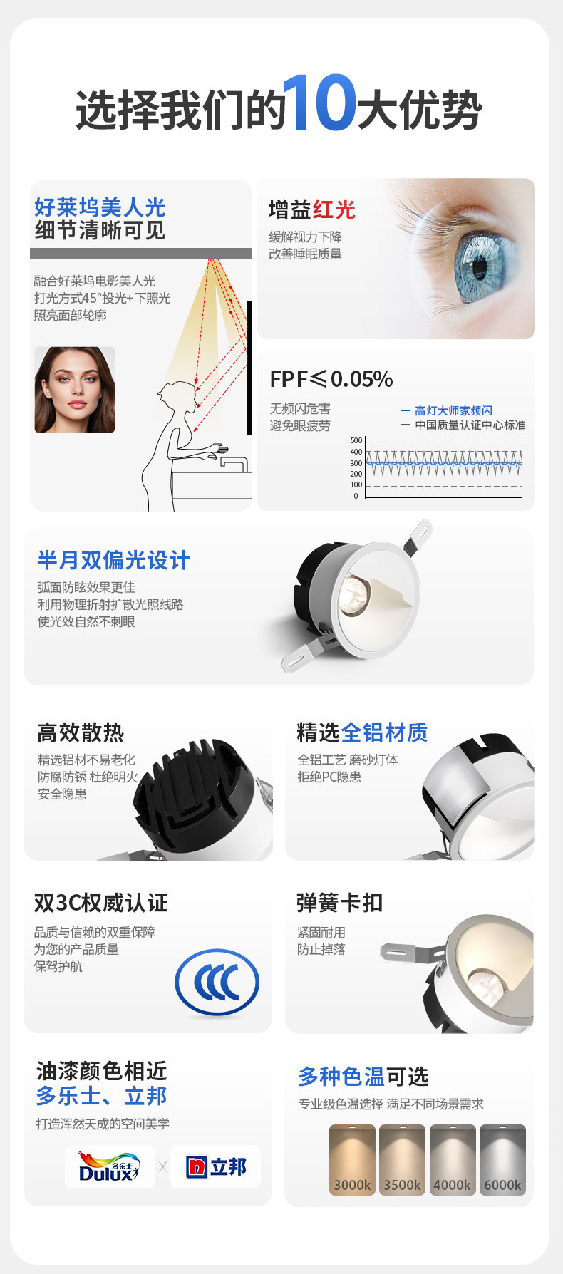 嵌入式镜前美颜射灯偏光防眩护眼LED卫生间灯镜柜镜前无主灯照明