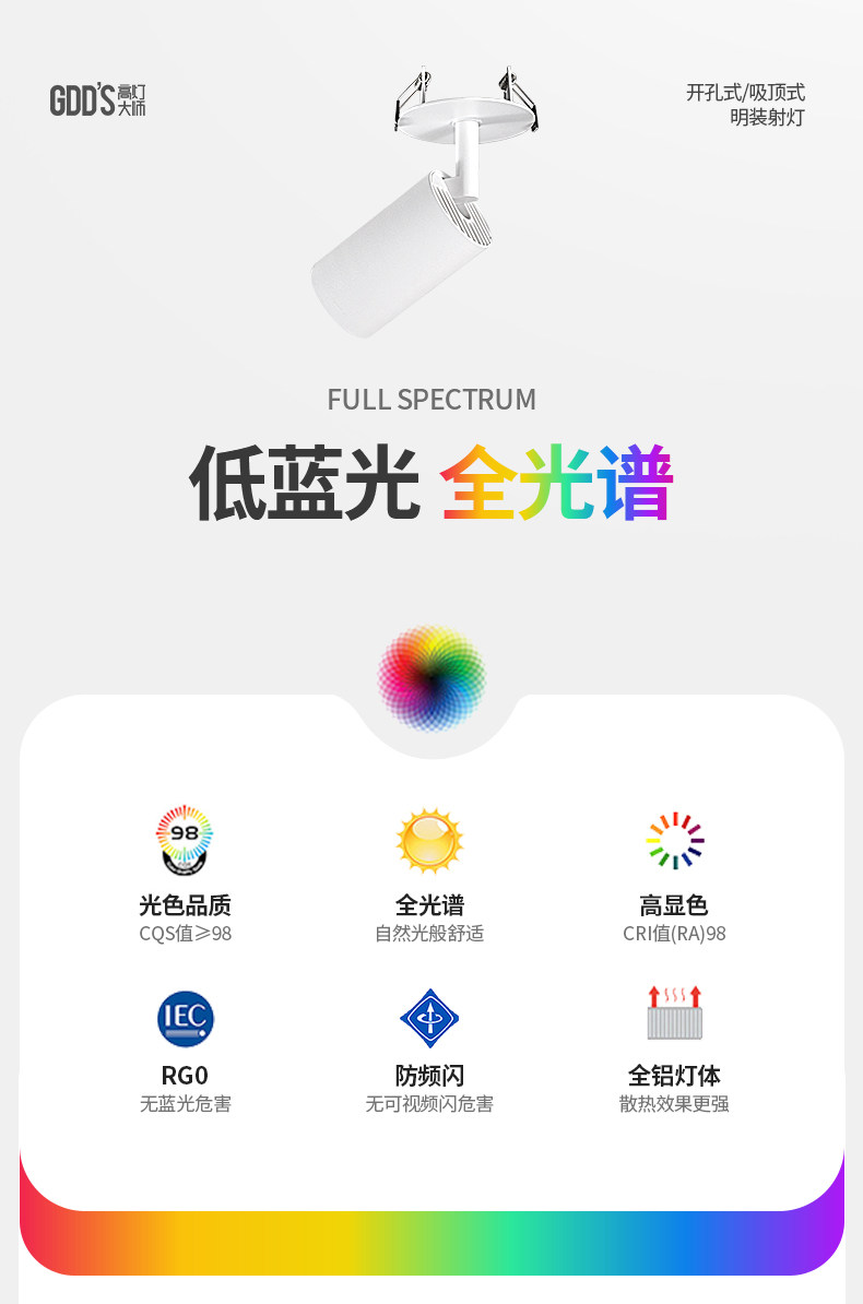 明装射灯吸顶开孔式led天花灯cob轨道灯可调角度床头象鼻灯无主灯