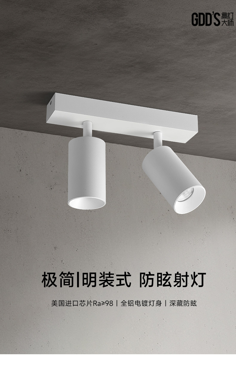 明装led射灯连体双2头防眩吸顶多头家用客厅智能长条免开孔导轨道