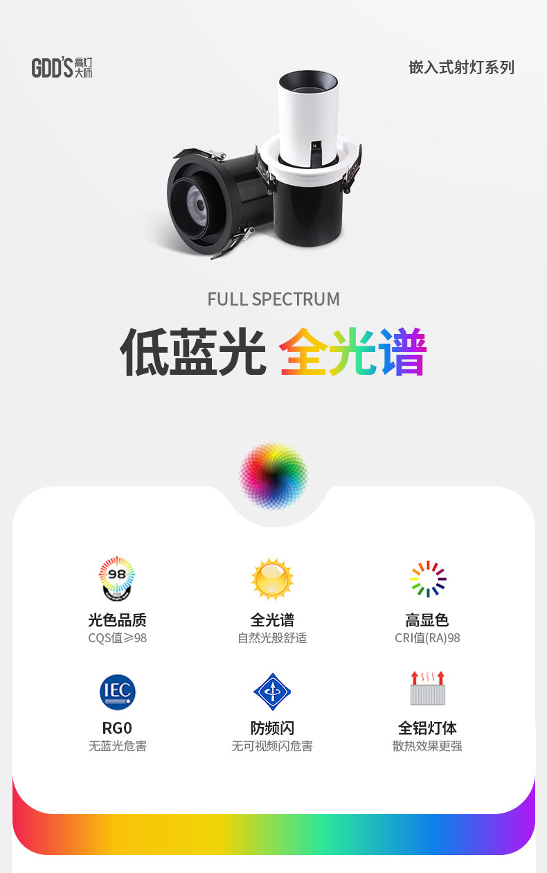 可拉伸缩射灯led嵌入式旋转可调角度背景墙照画玄关高显色象鼻cob
