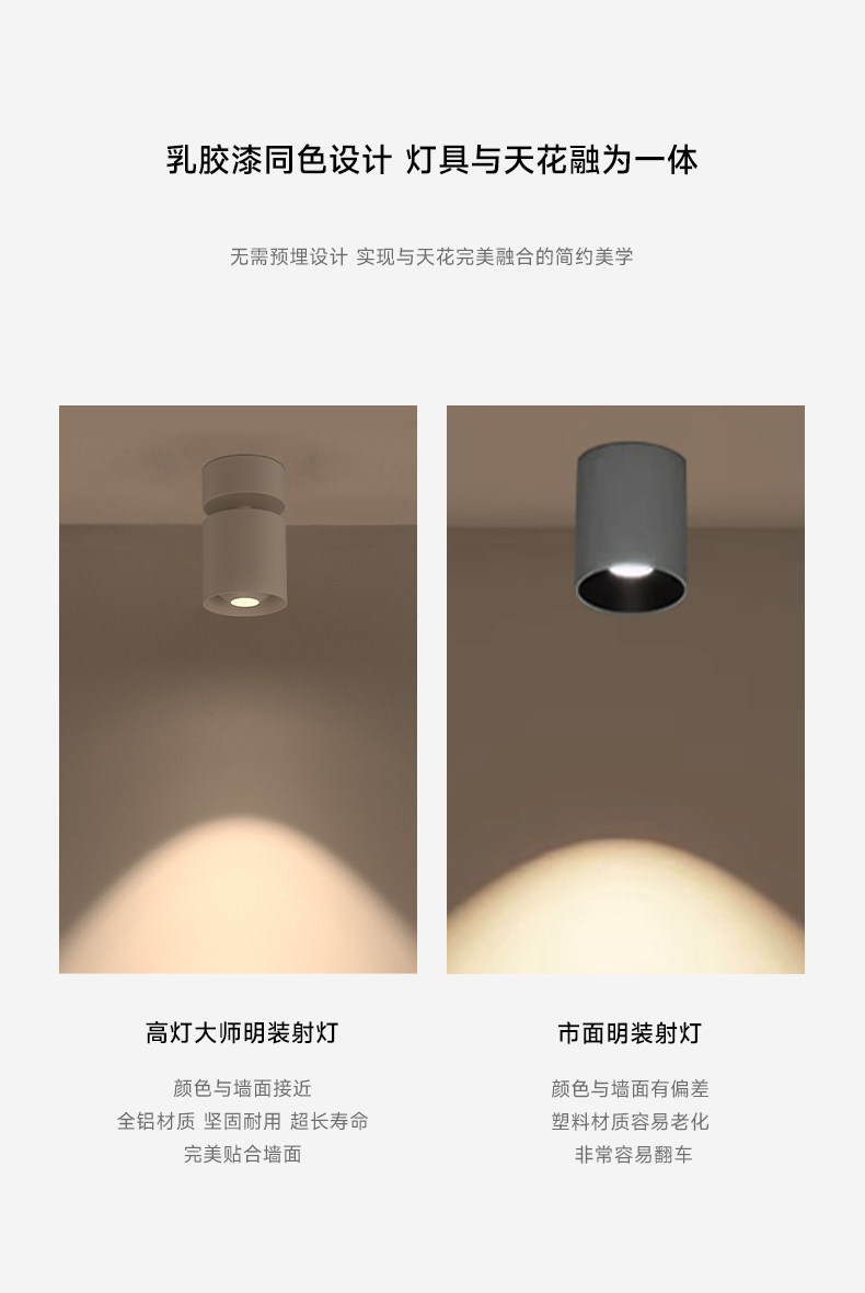 可可蛋奶明装射灯吸顶可摆头免开孔中古奶油风客厅无主灯天花防眩