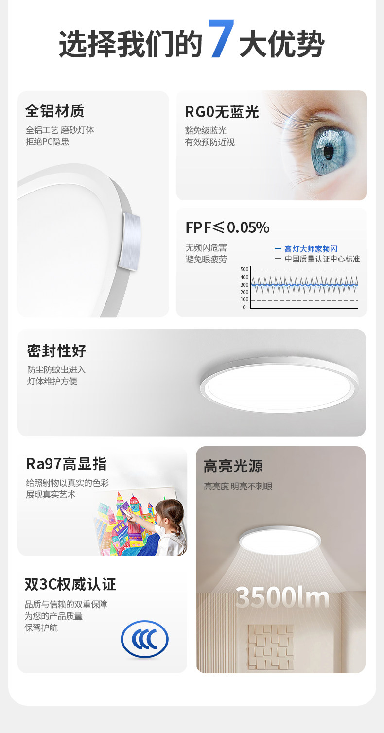 全铝吸顶灯超薄护眼全光谱圆形悬浮儿童房间卧室客厅明装LED智能