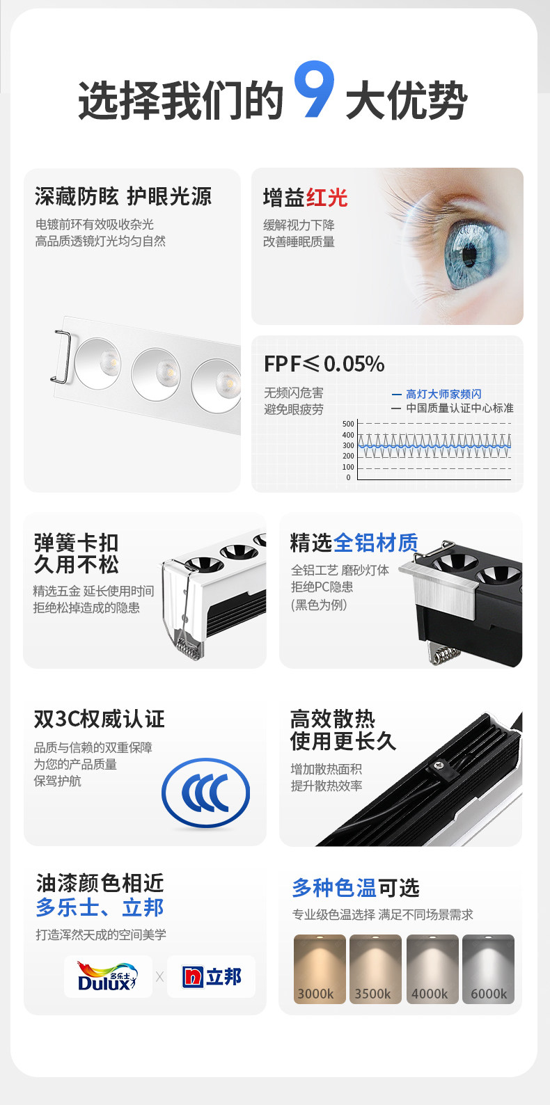嵌入式格栅灯天花射灯LED防眩线条灯护眼家用客厅过道照明无主灯