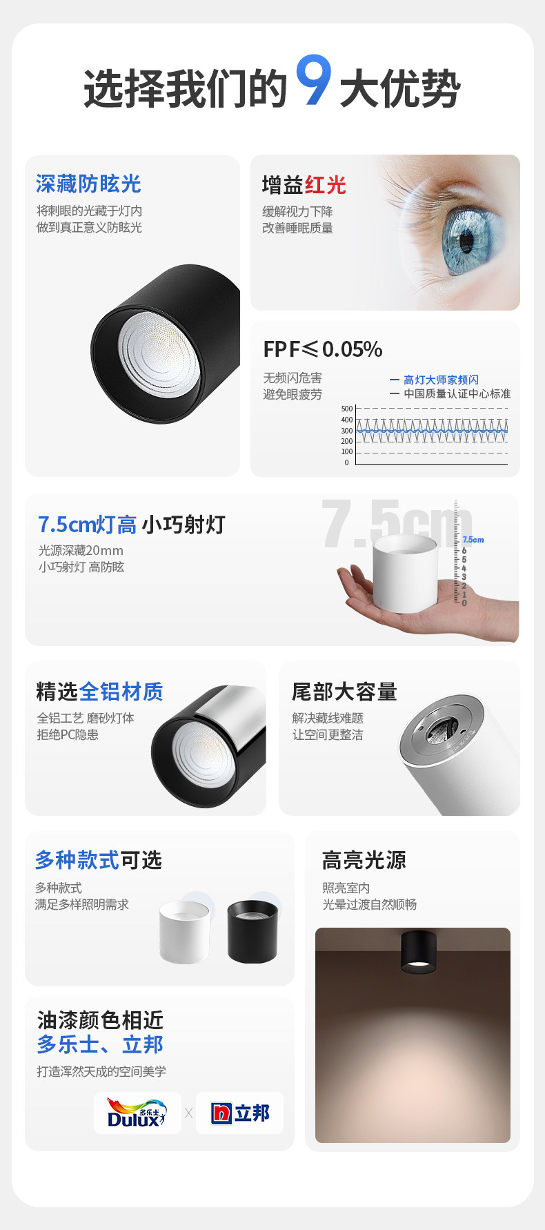 迷你明装筒灯黑色LED无主灯深防眩免打孔吸顶灯客厅卧室家用护眼