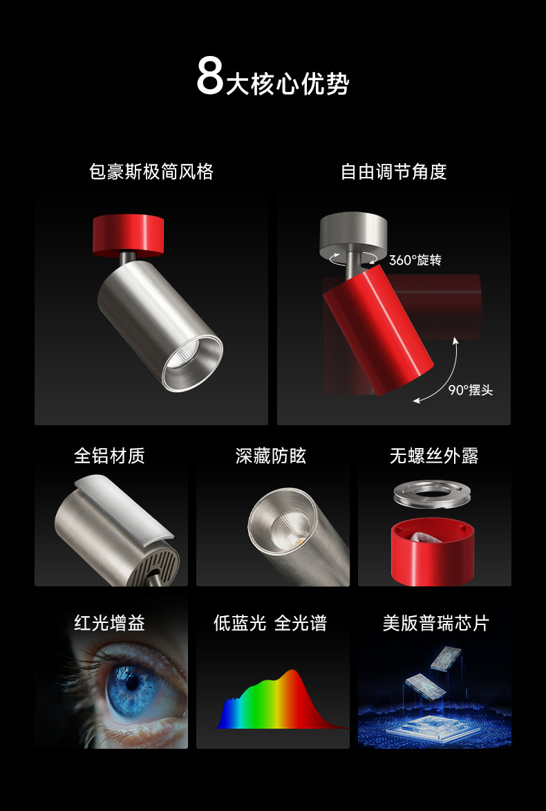包豪斯明装射灯红色不锈钢孟菲斯客厅工业多巴胺免打孔洗墙无主灯