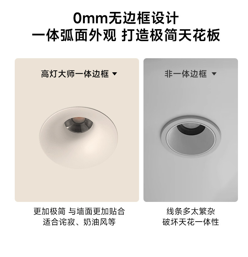 可可蛋奶筒灯开孔55mm射灯无边框奶油风仿石膏乳胶漆同色嵌入弧面