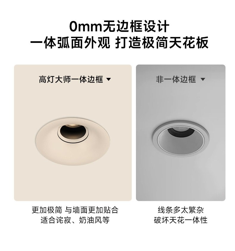 可可蛋奶无边框射灯嵌入式中古奶油风弧面乳胶漆同色仿石膏防眩