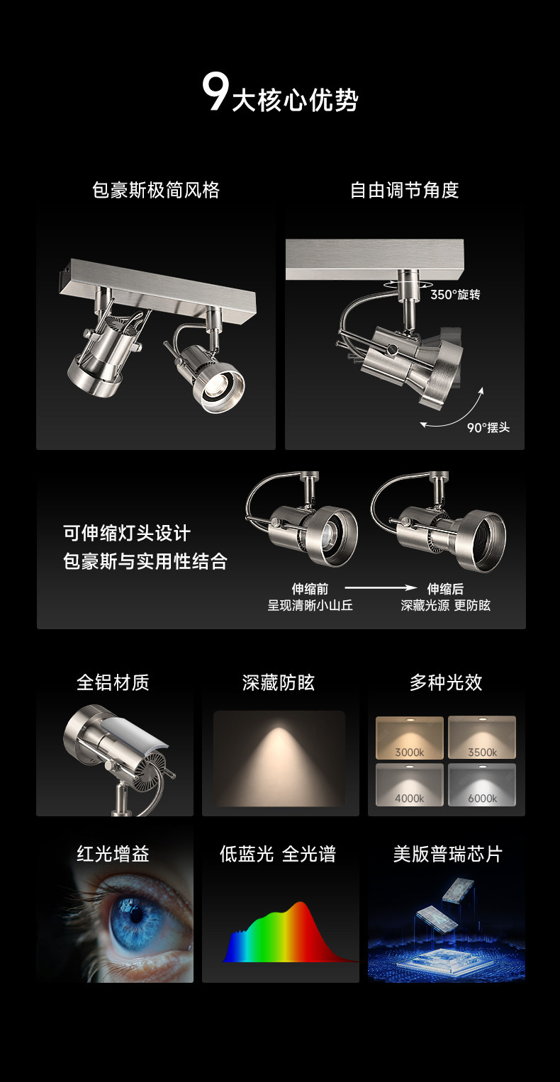 包豪斯双头射灯明装不锈钢银色三头免开孔防眩客厅工业照画洗墙灯