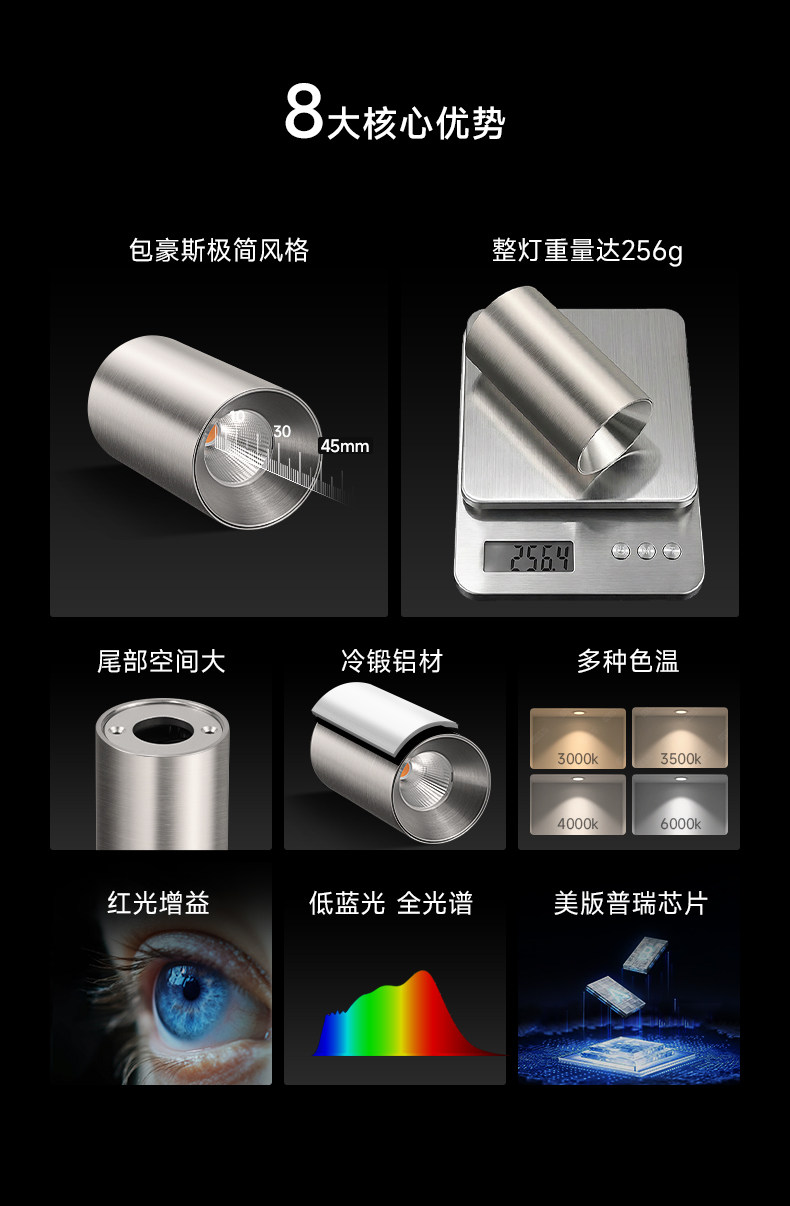 包豪斯明装射灯不锈钢吸顶灯防眩led免打孔中古风银色工业洗墙灯