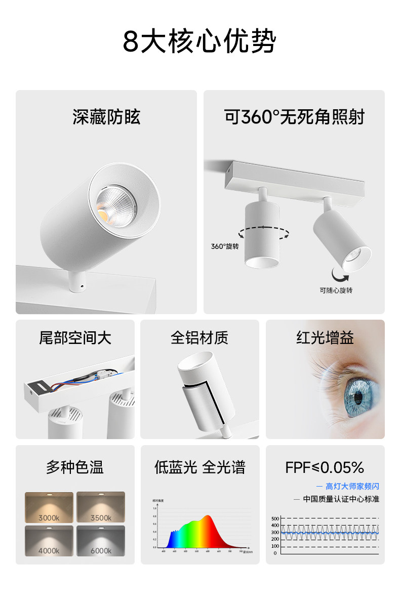 明装led射灯连体双2头防眩吸顶多头家用客厅智能长条免开孔导轨道