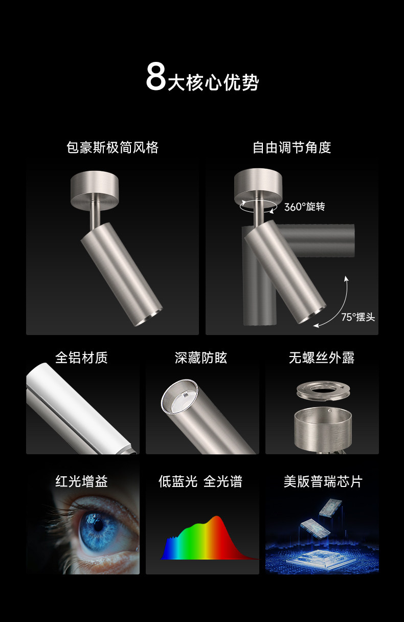 明装射灯不锈钢银色包豪斯吸顶灯嵌入式护眼客厅全光谱天花无主灯