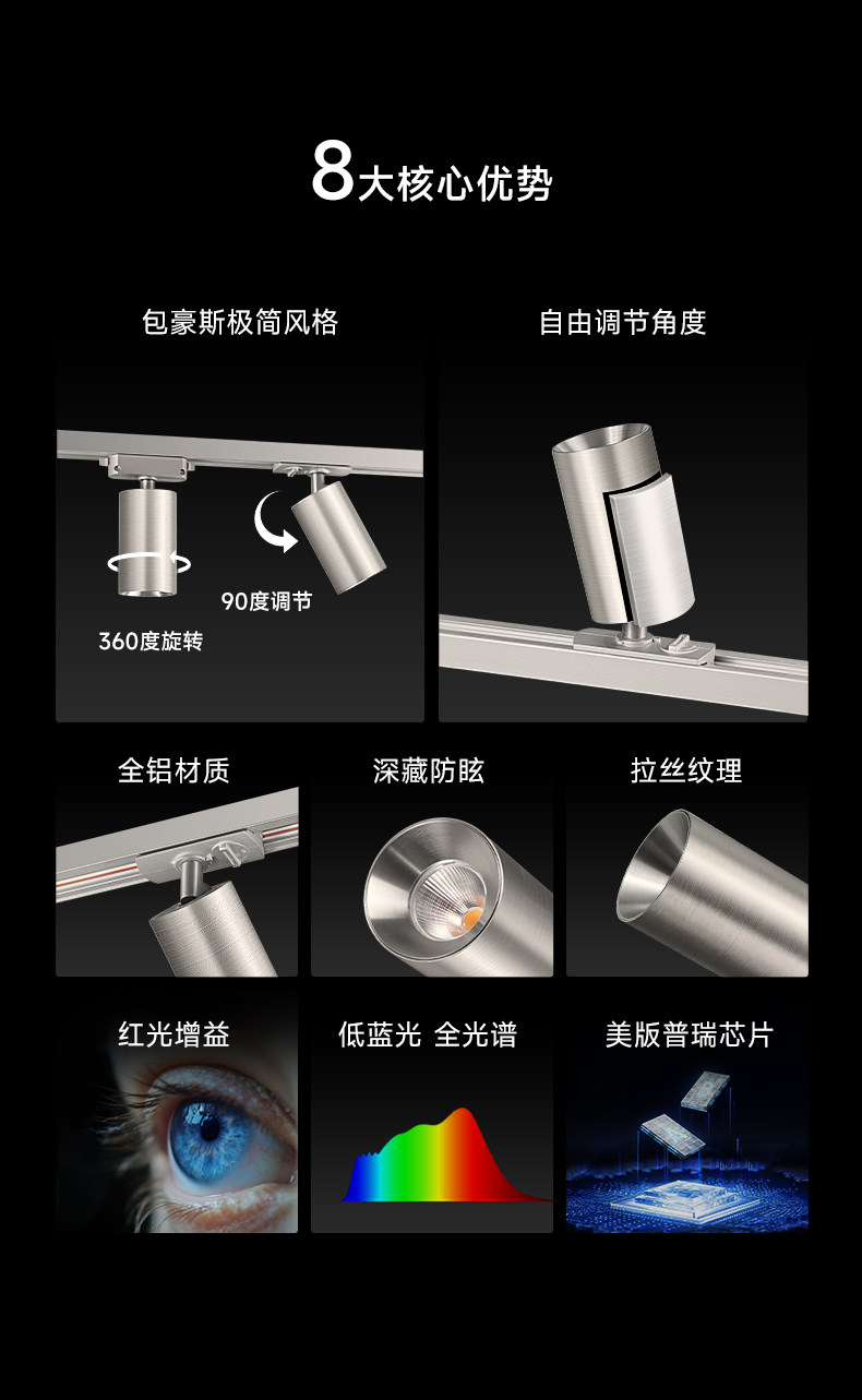 明装轨道灯不锈钢色包豪斯轨道射灯中古防眩客厅书房led无主灯