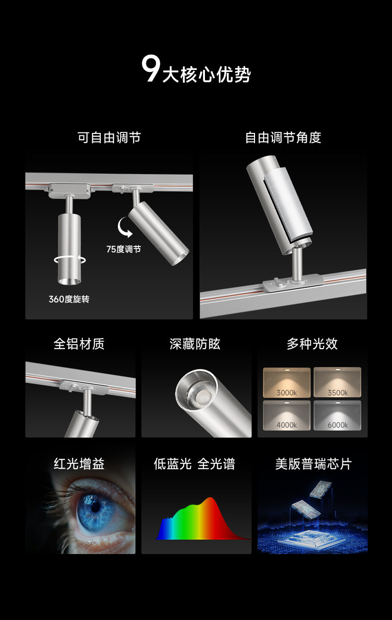 不锈钢轨道灯明装led射灯包豪斯中古防眩客厅背景墙小山丘导轨灯