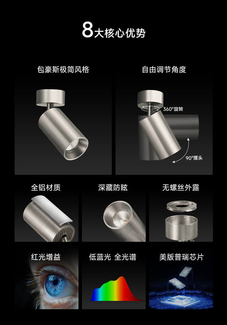 明装射灯不锈钢色包豪斯可调节角度吸顶式免打孔中古风工业无主灯