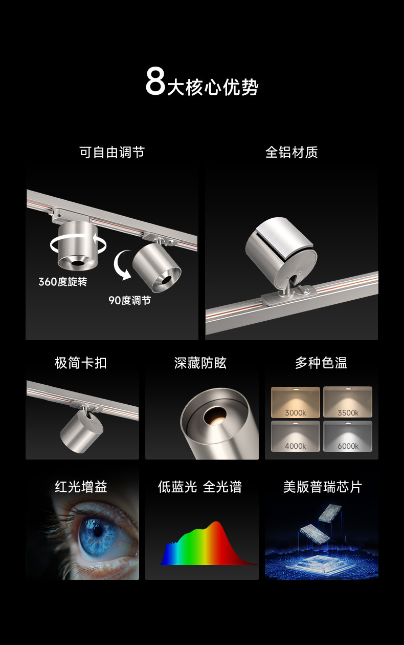 包豪斯轨道灯明装不锈钢银色轨道射灯防眩可调角度中古客厅洗墙灯