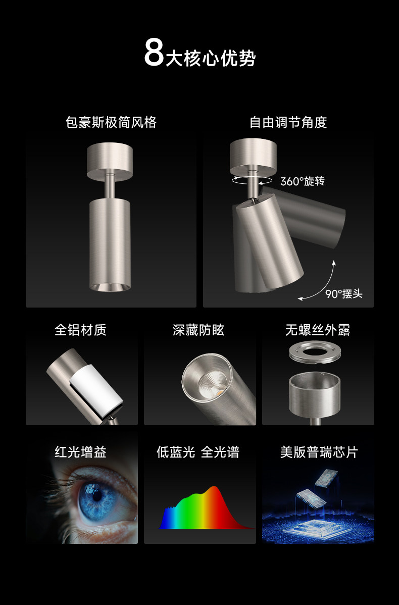 包豪斯明装射灯不锈钢银色中古工业可调节角度客厅天花极简无主灯