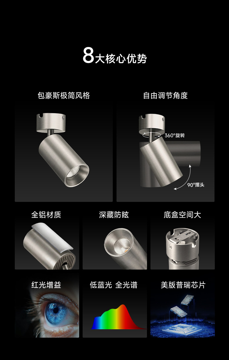 包豪斯明装射灯不锈钢银色可调角度镀锌管线侧孔挂板客厅天花工业