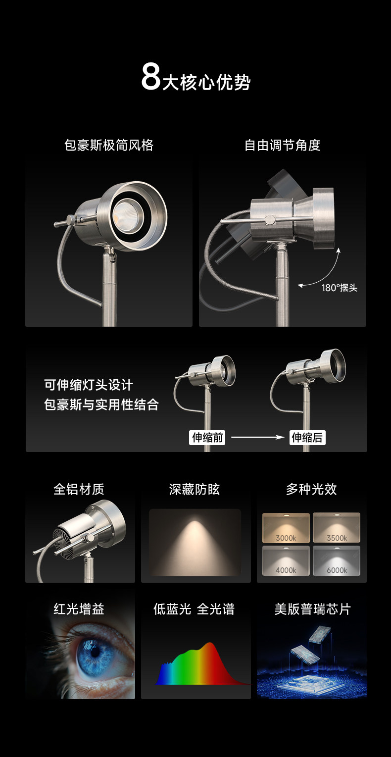 包豪斯落地灯客厅沙发旁不锈钢色可调角度伸缩灯头智能防眩阅读灯