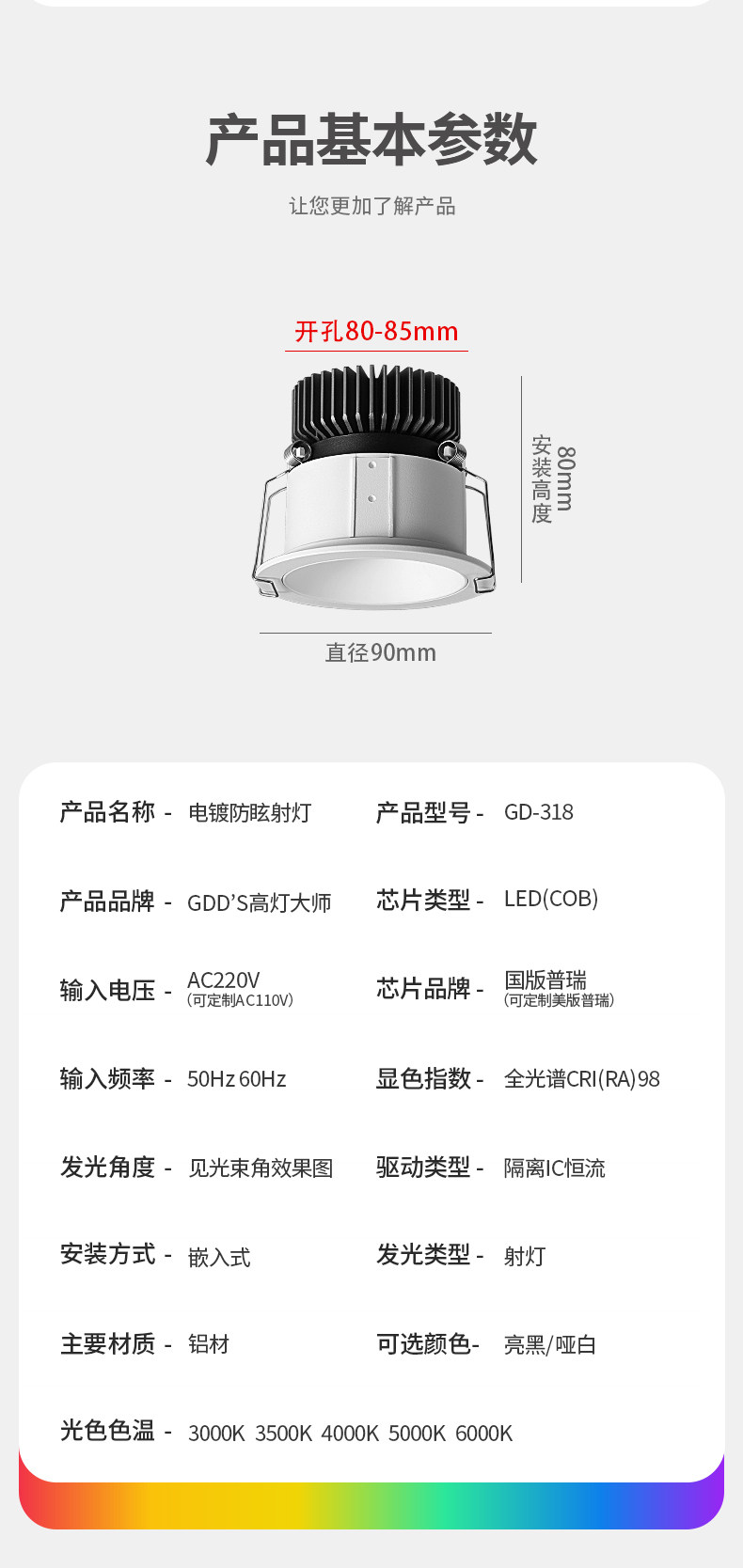 嵌入式防眩射灯80开孔85mm网红小山丘洗墙灯氛围家用客厅全光谱