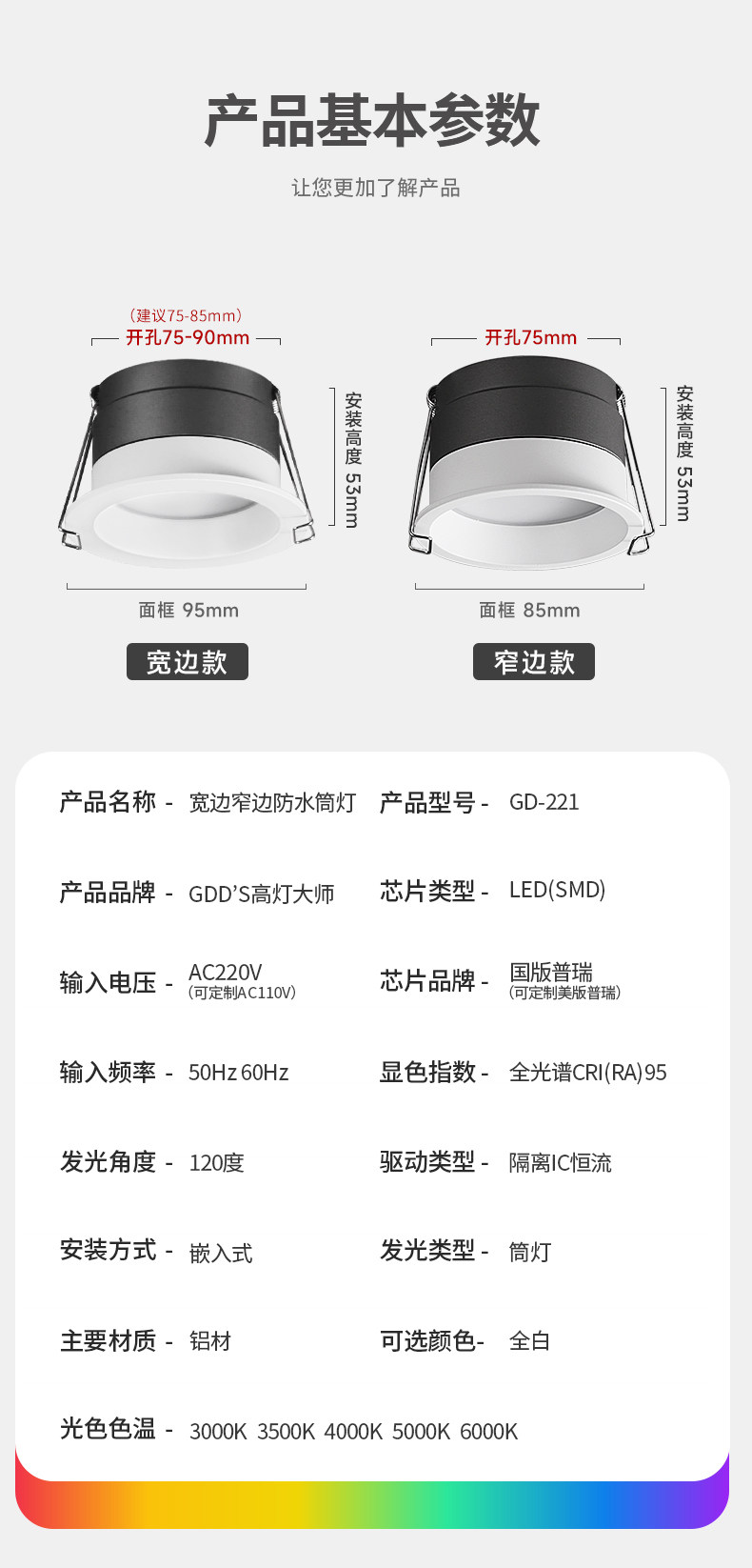防水筒灯卫生间智能嵌入式75mm天花干湿区防眩防雾厨房防潮全光谱