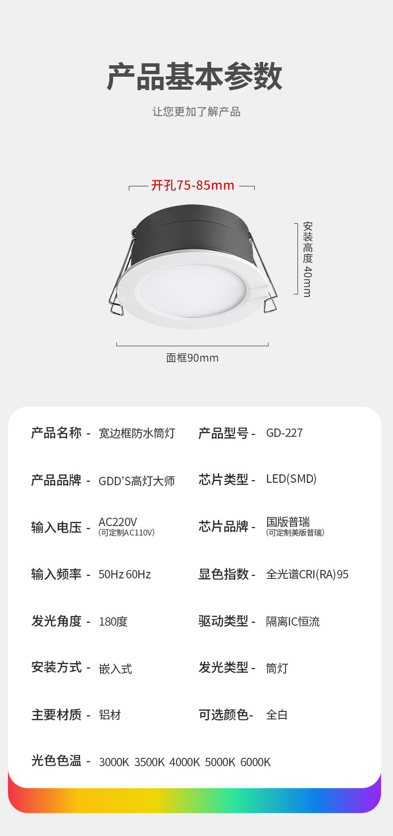 极简宽边防水LED筒灯嵌入式全光谱天花防眩防潮防雾厨卫阳台餐厅