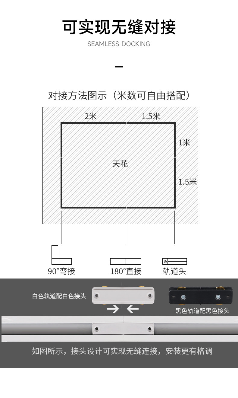led轨道条射灯导轨黑色二线2连接头直角接北欧滑轨有全铜芯2米1.5