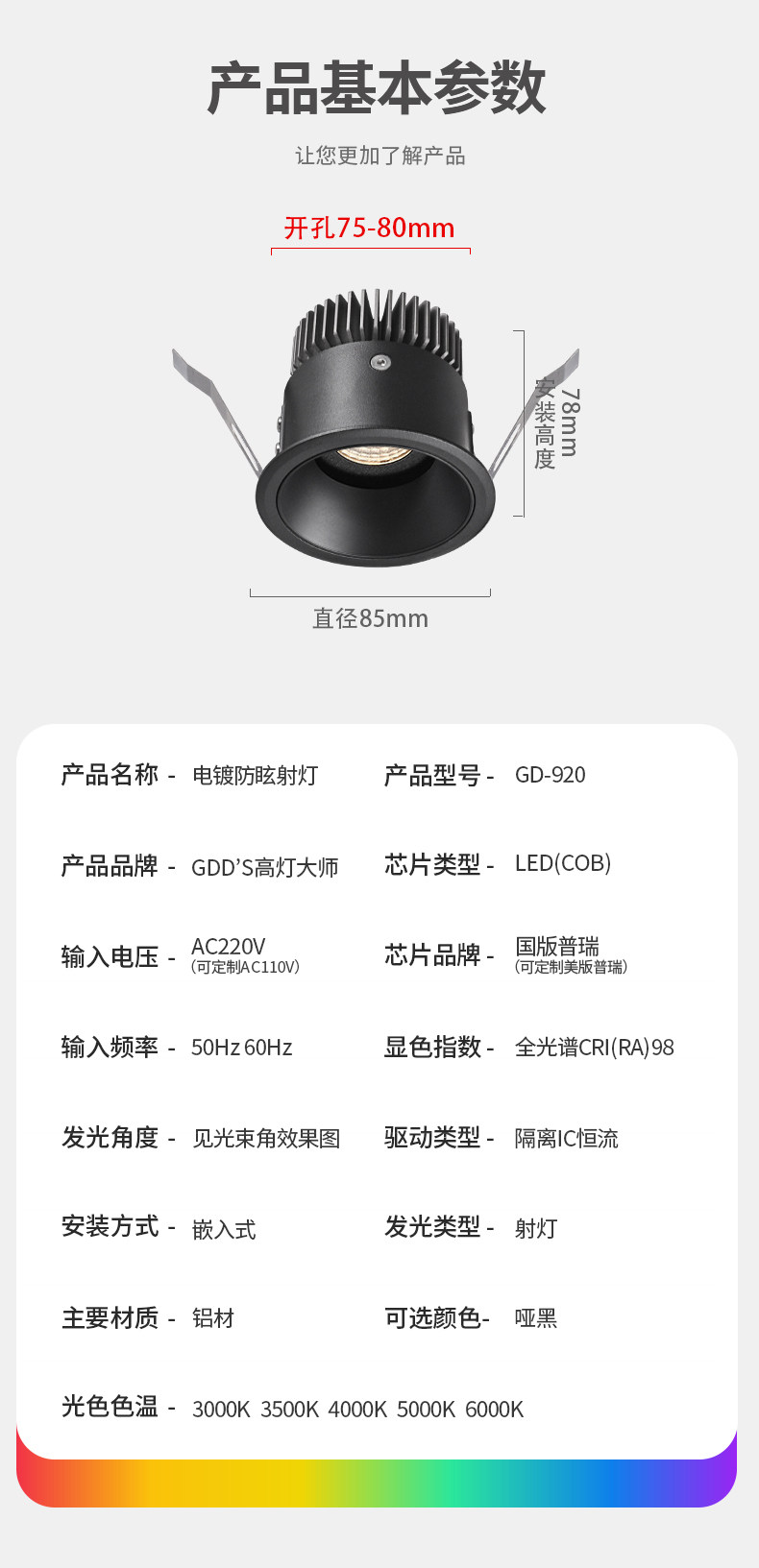 黑色射灯深防眩嵌入式75mm家用客厅洗墙小山丘led吊顶天花无主灯