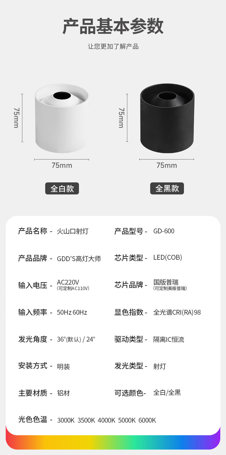 超薄明装射灯小山丘防眩led圆形见光不见灯免打孔吸顶灯家用极简