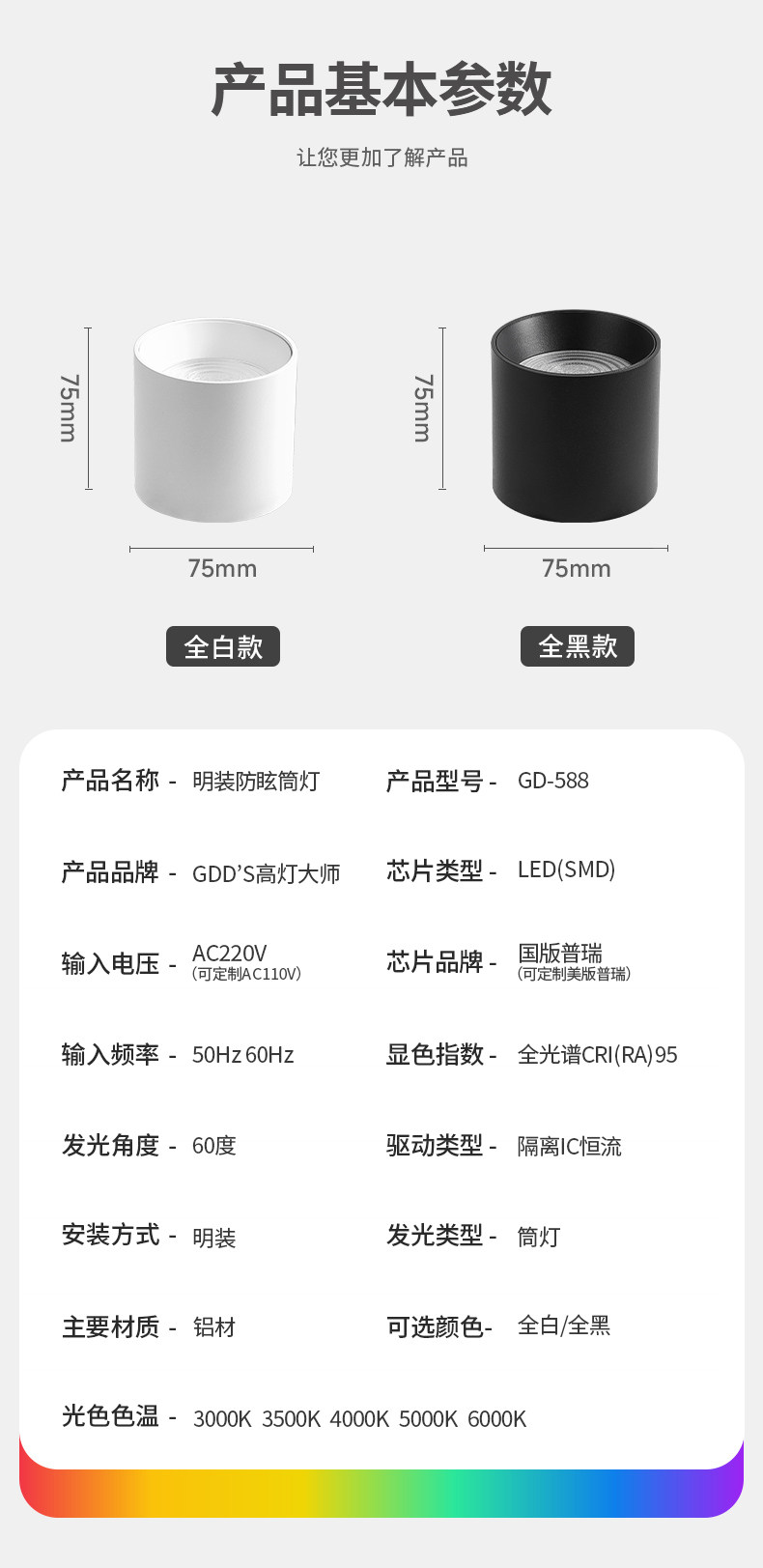 迷你明装筒灯黑色LED无主灯深防眩免打孔吸顶灯客厅卧室家用护眼