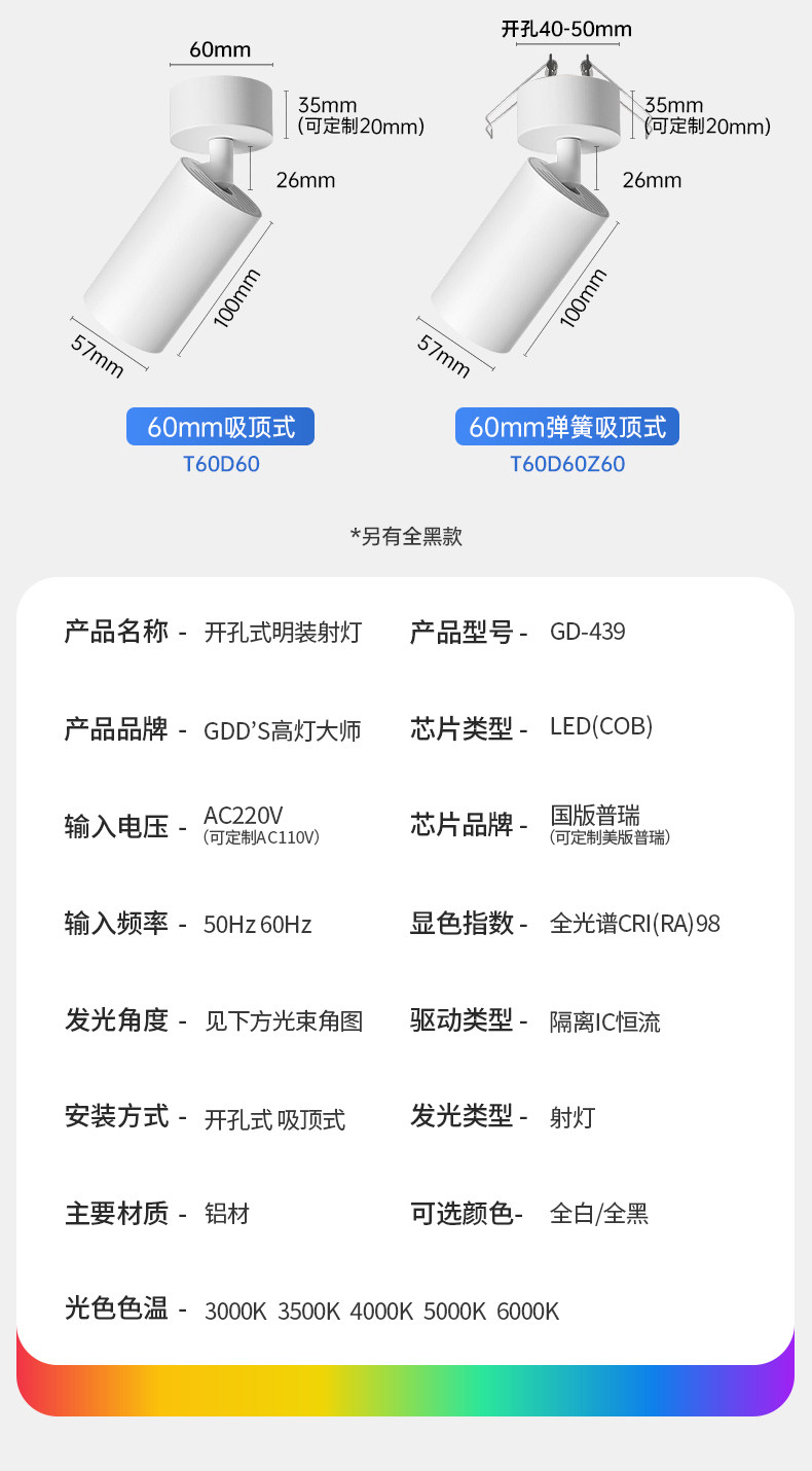 明装射灯吸顶开孔式led天花灯cob轨道灯可调角度床头象鼻灯无主灯