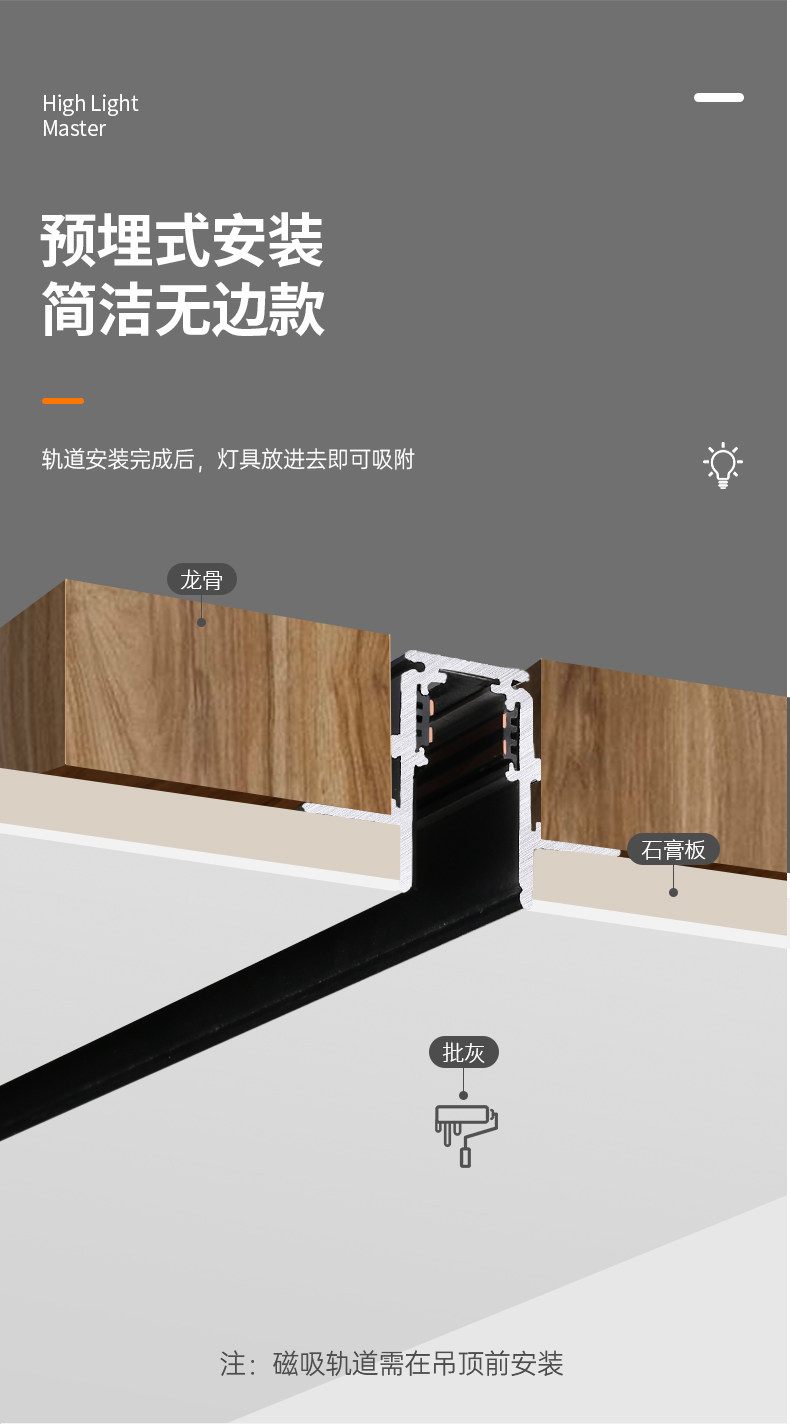 已接入米家APP磁吸轨道灯无边框嵌入式预埋式无主灯客厅照明导轨