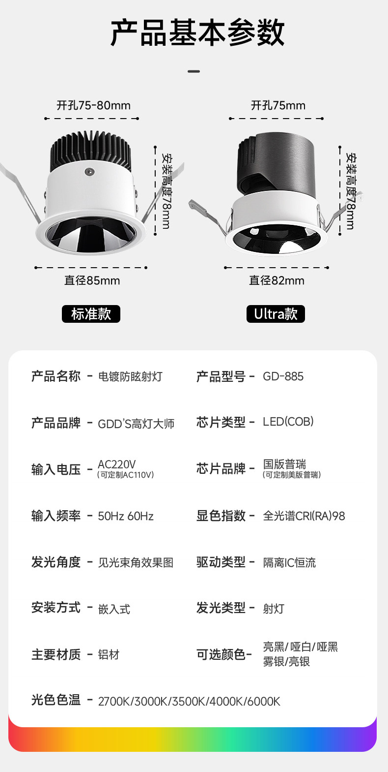 【国补】高灯大师射灯深杯防眩光嵌入式cob天花全光谱筒灯无主灯