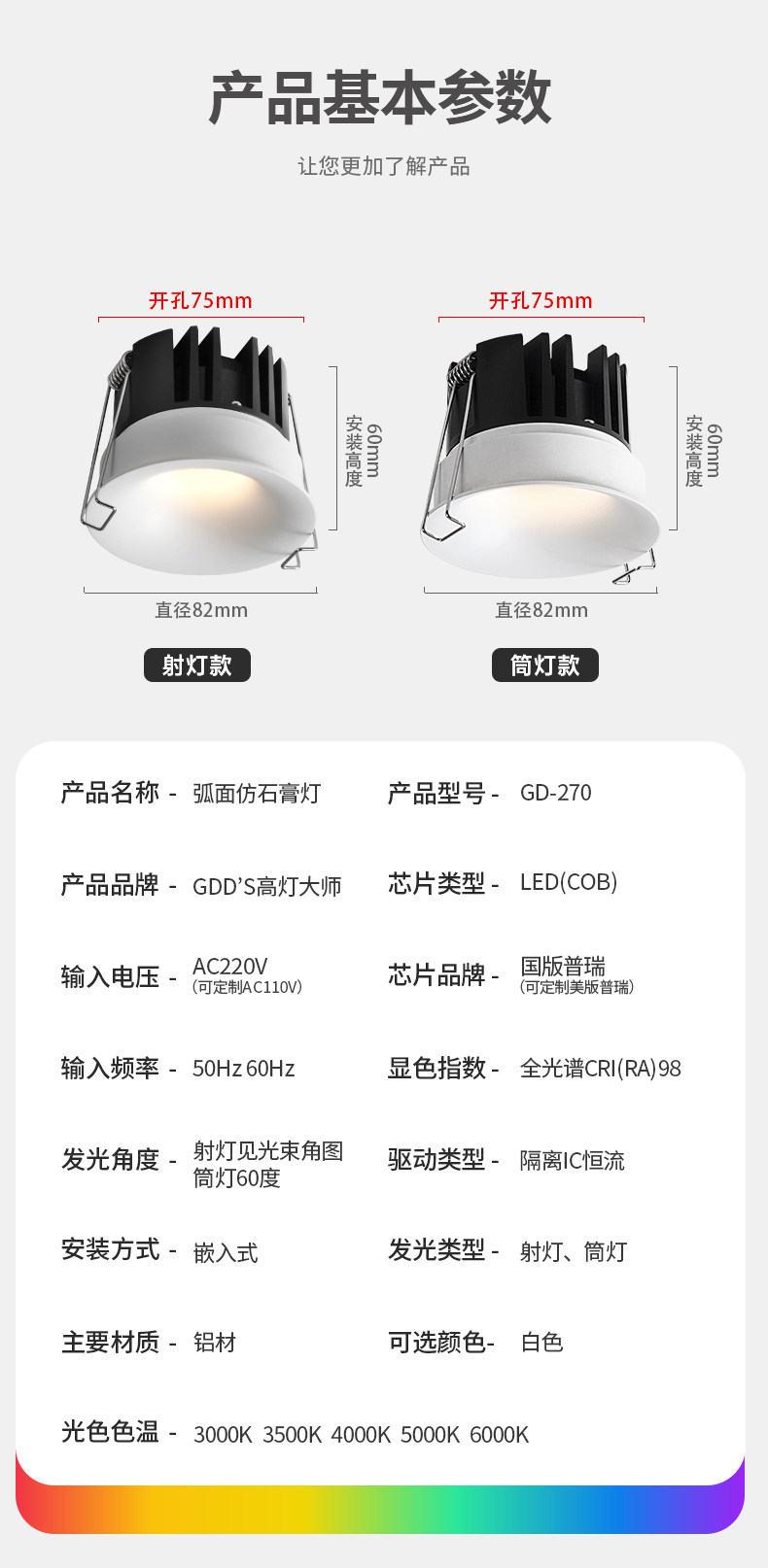 无边框筒灯嵌入式75mm孔灯家用防眩超薄射灯全光谱客厅智能无主灯
