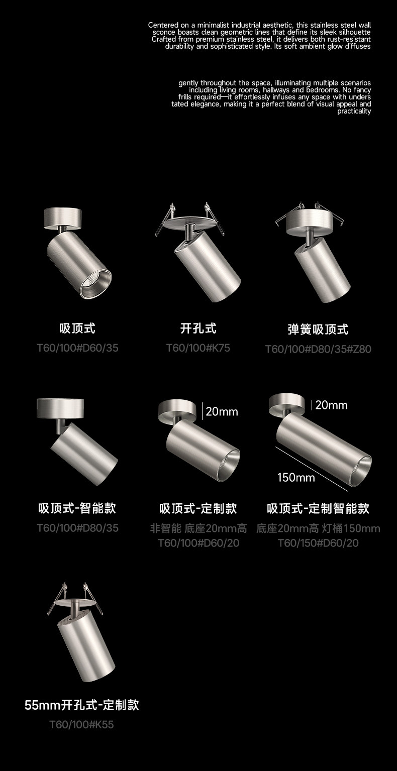 明装射灯不锈钢色包豪斯可调节角度吸顶式免打孔中古风工业无主灯